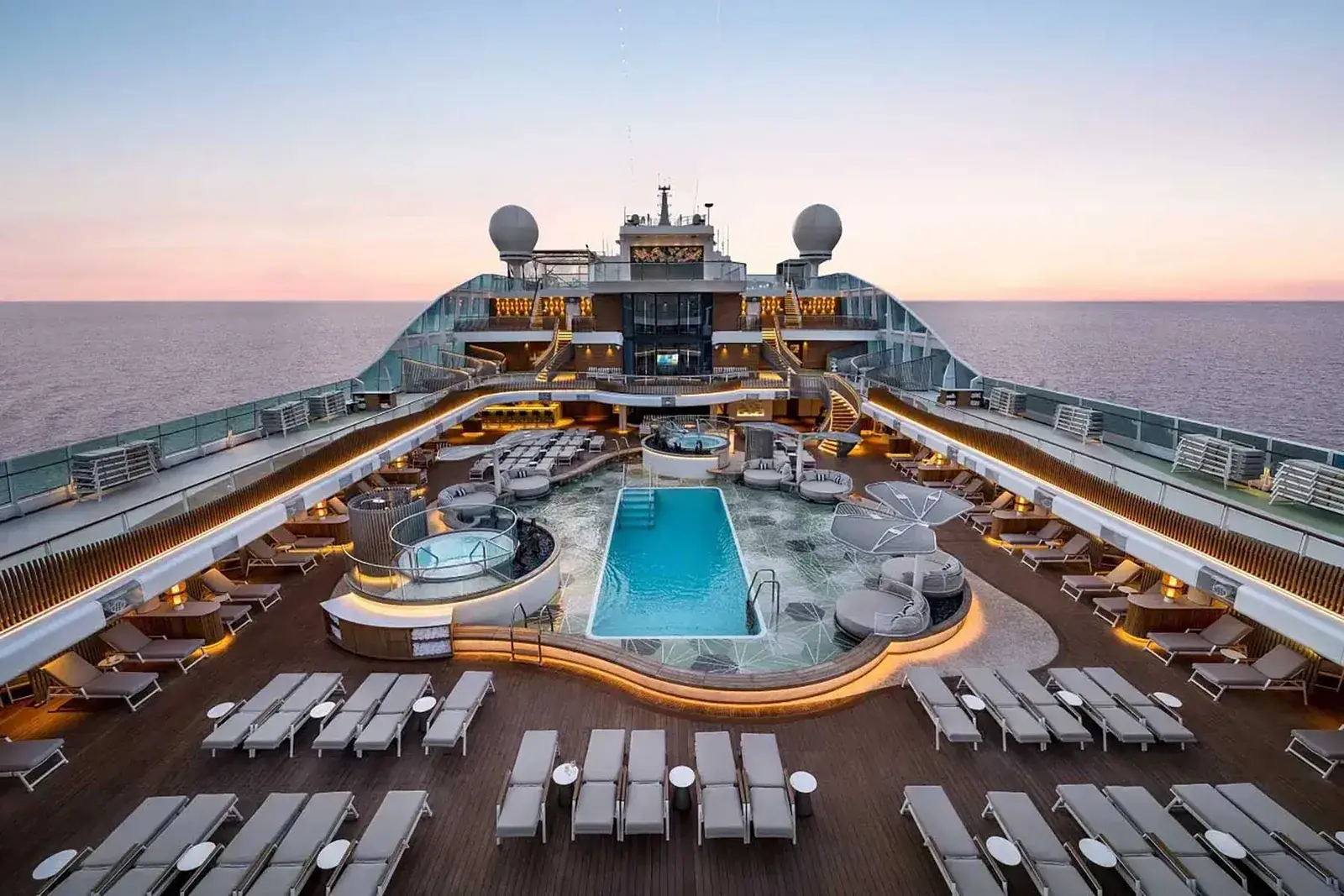 Oceania Insignia pool deck at sunset