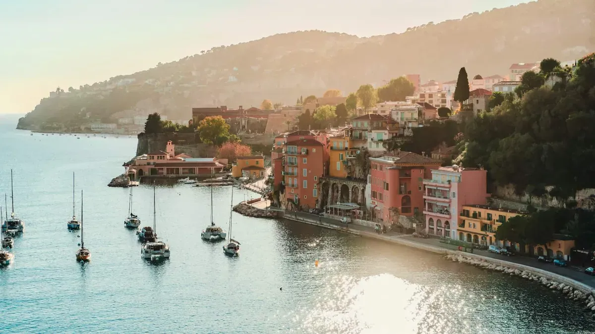 Aerial sunset view of the Villefranche sur Mer coastline