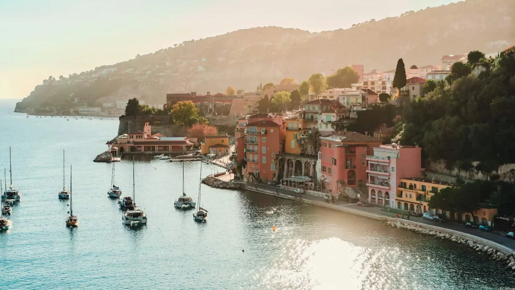 Aerial sunset view of the Villefranche sur Mer coastline