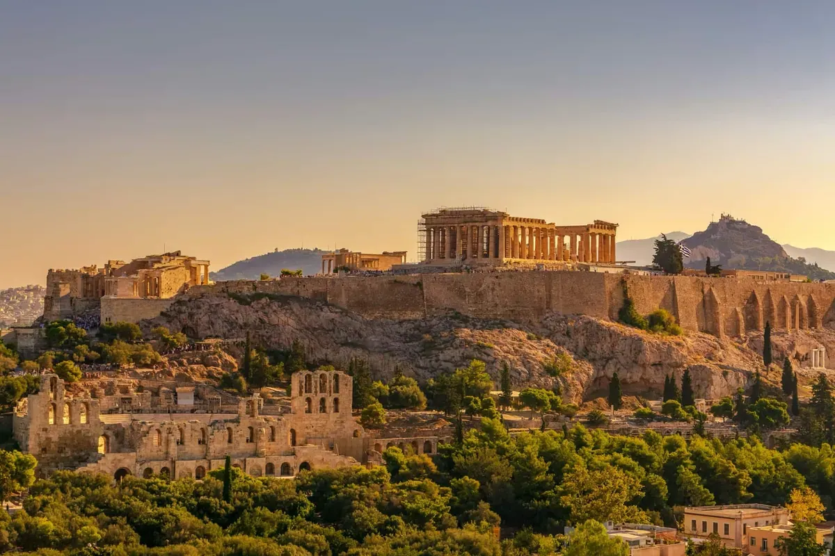 Sunset view of the Acropolis in Athens, Greece