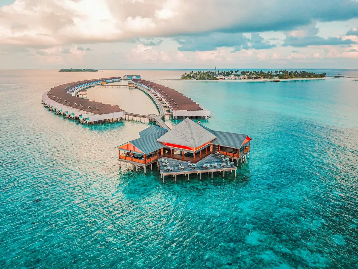 Aerial view of overwater resort in Maldives
