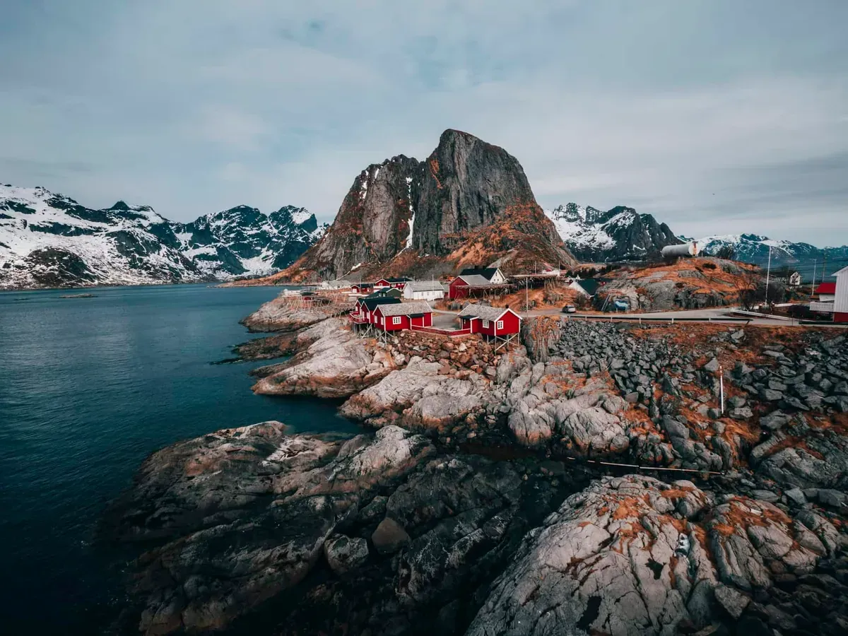 Mountains and coastal homes in Norway