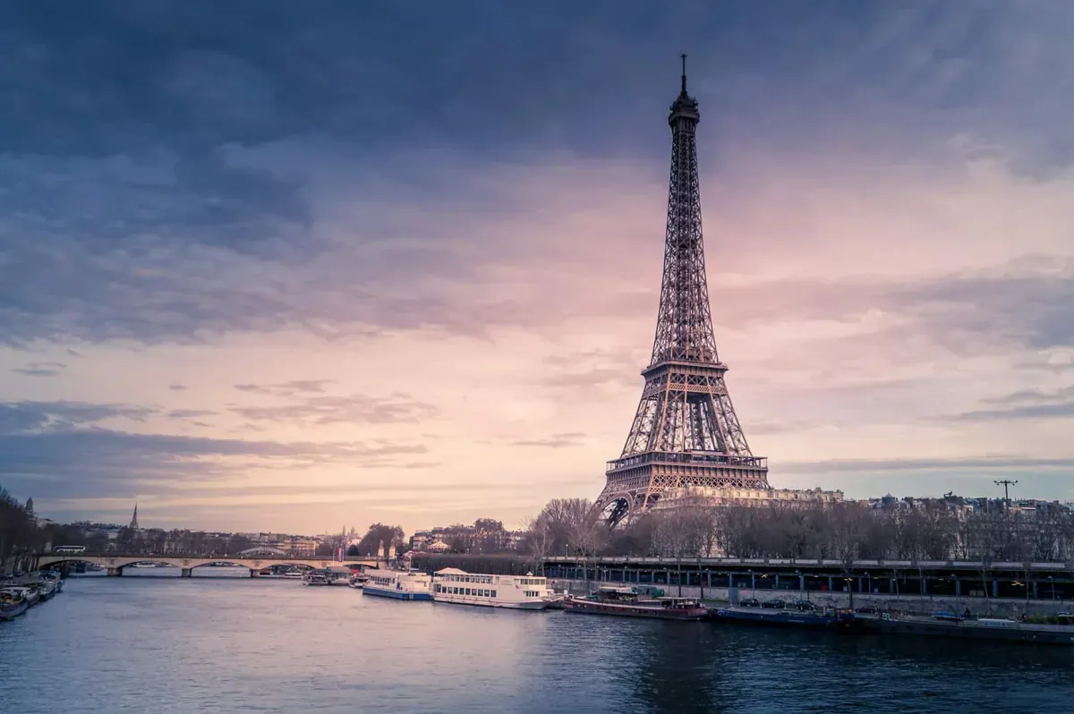 Sunset view of the Eiffel Tower in Paris