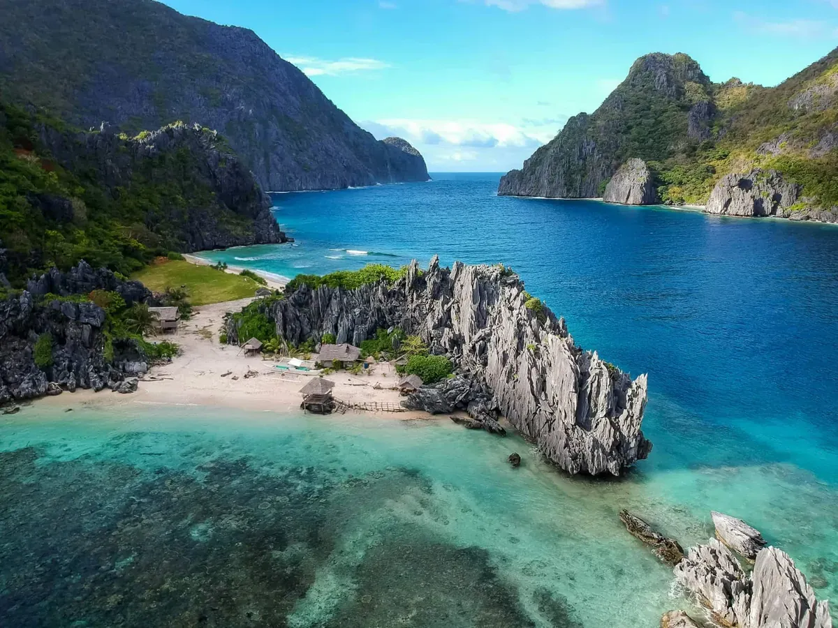 Aerial view of rocks and waters of Coron, Philippines