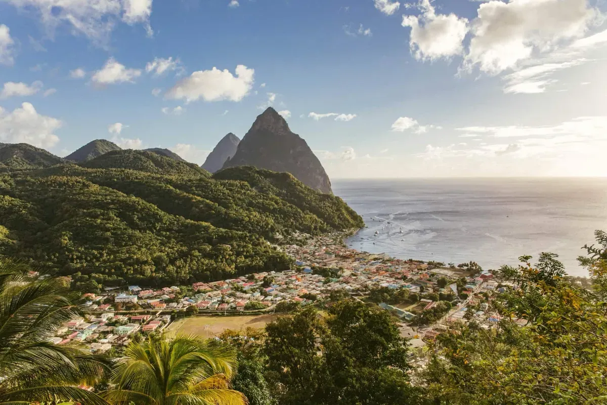 Towering mountain peaks and coastline of St. Lucia