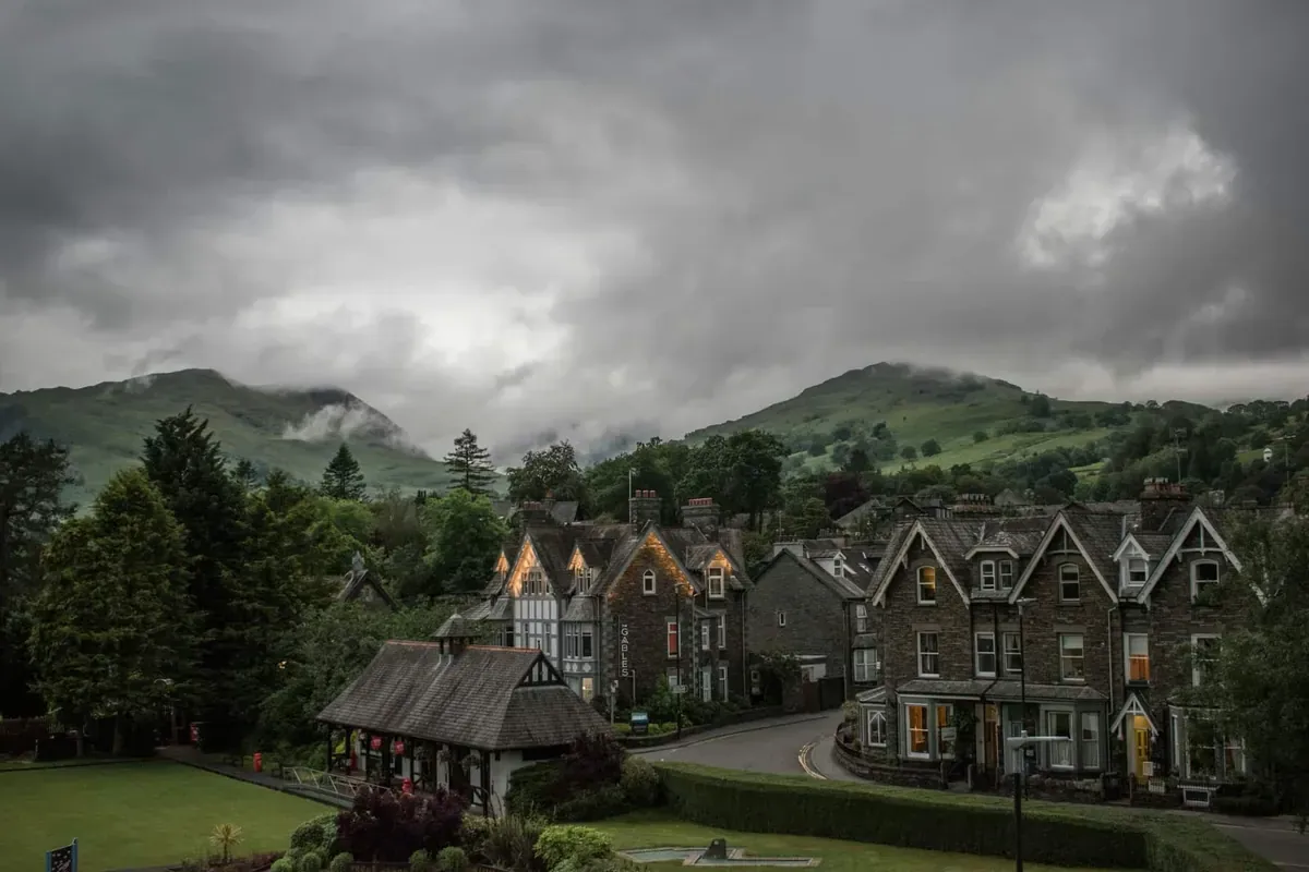 Misty mountain village in the UK