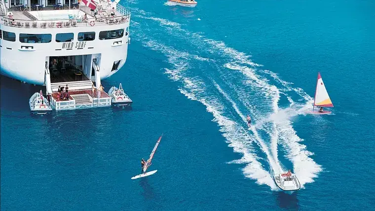Aerial view of Windstar Star Breeze watersports marina platform