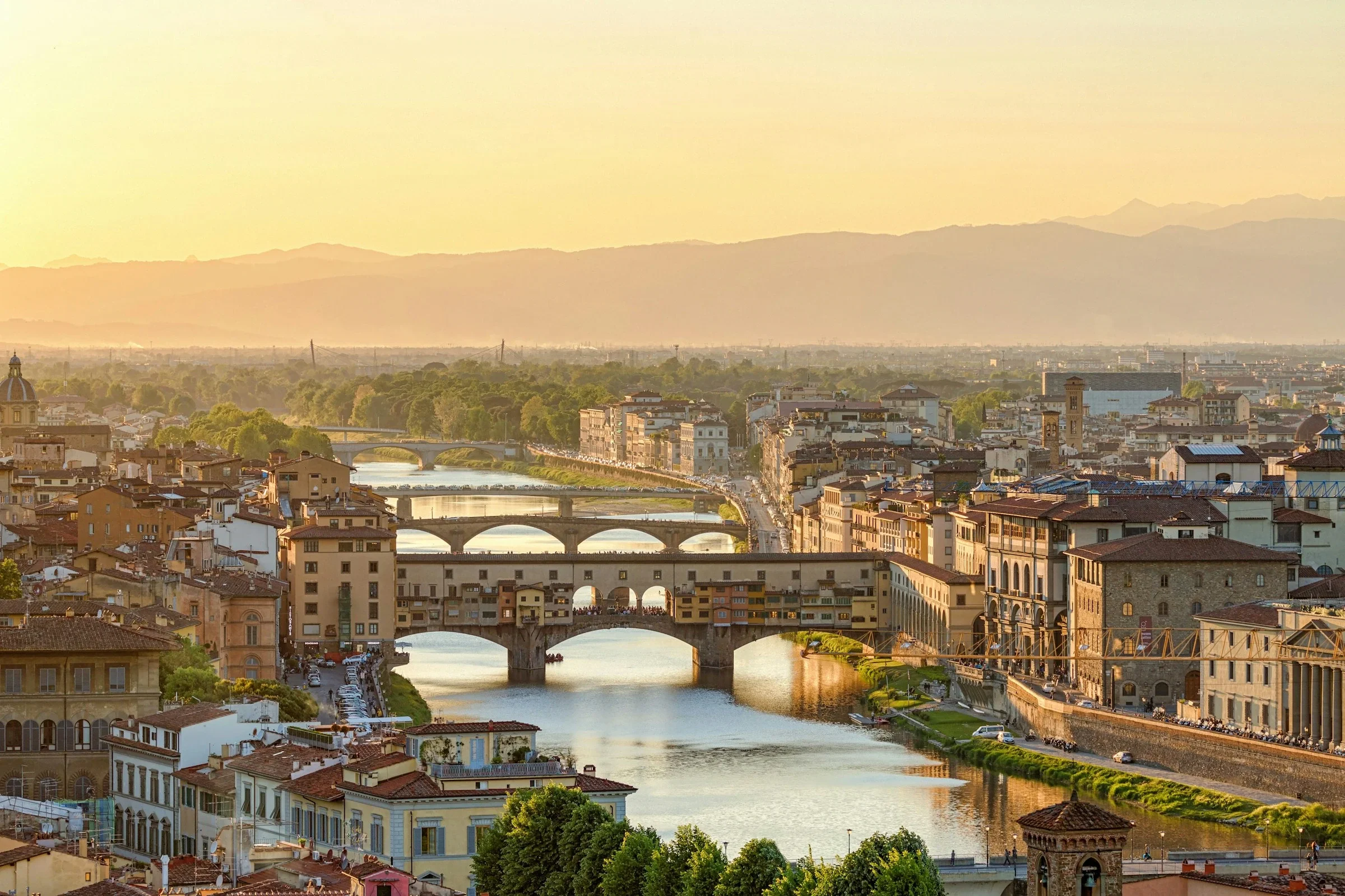 Florence at golden hour, the Ponte Vecchio over the Arno