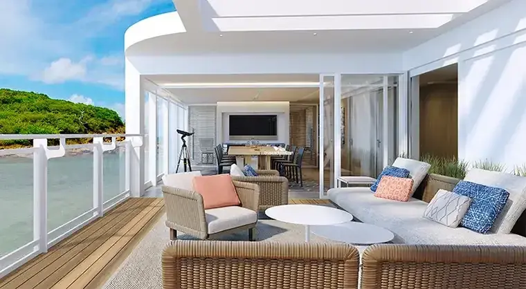 Viking Polaris and Octantis Owner's Suite bow-facing interior with panoramic forward veranda