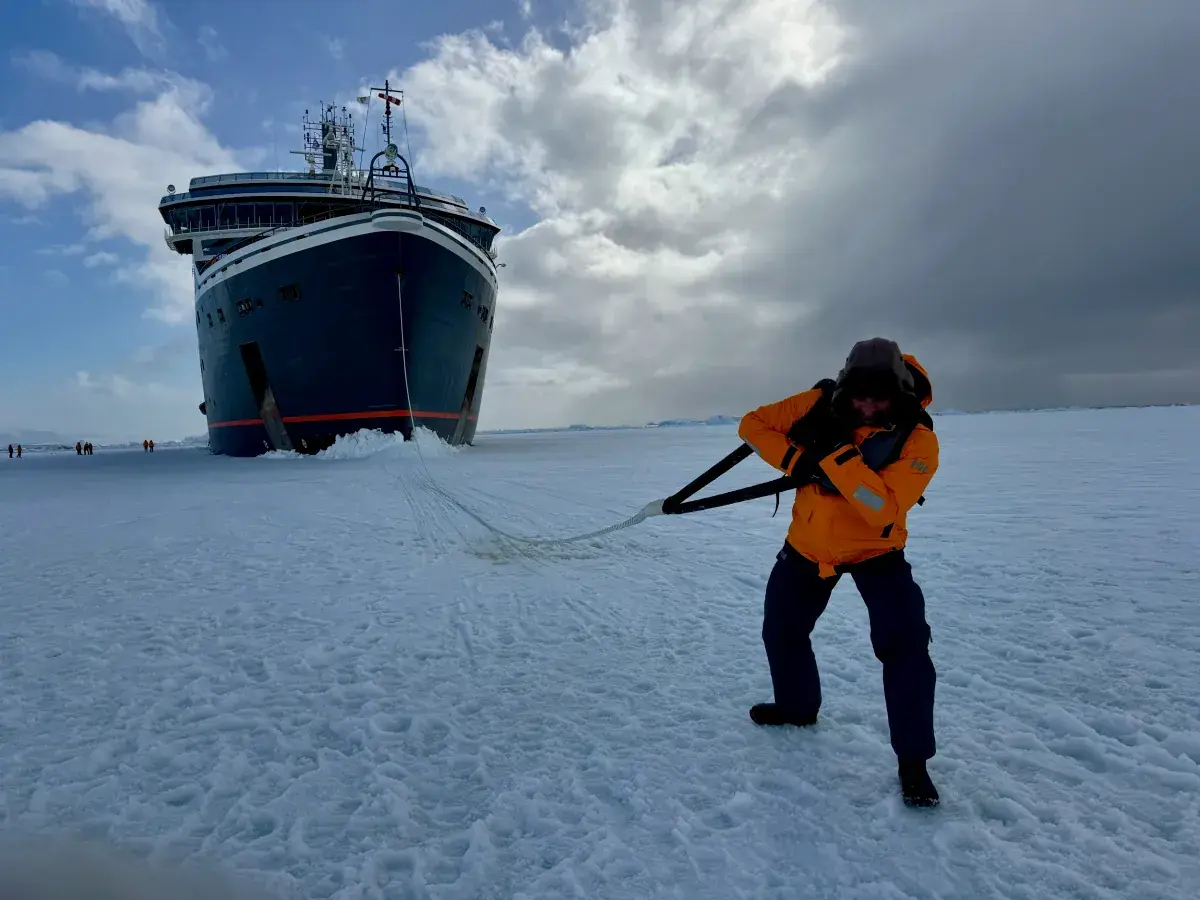 Phil Lockwood pretends to pull the Seabourn Venture/Pursuit in Antarctica