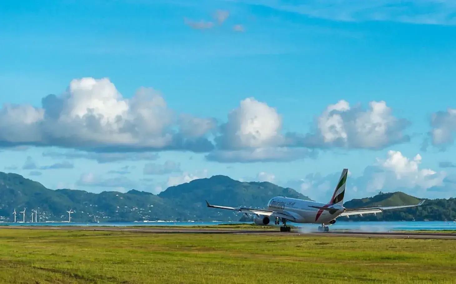 A commercial plane takes off from Seychelles International Airport