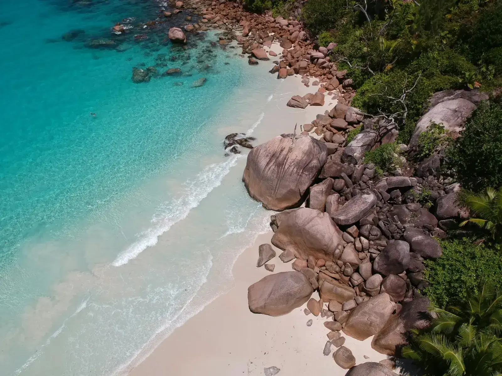 Aerial view of a rocky beach of Anse Lazio, Seychelles