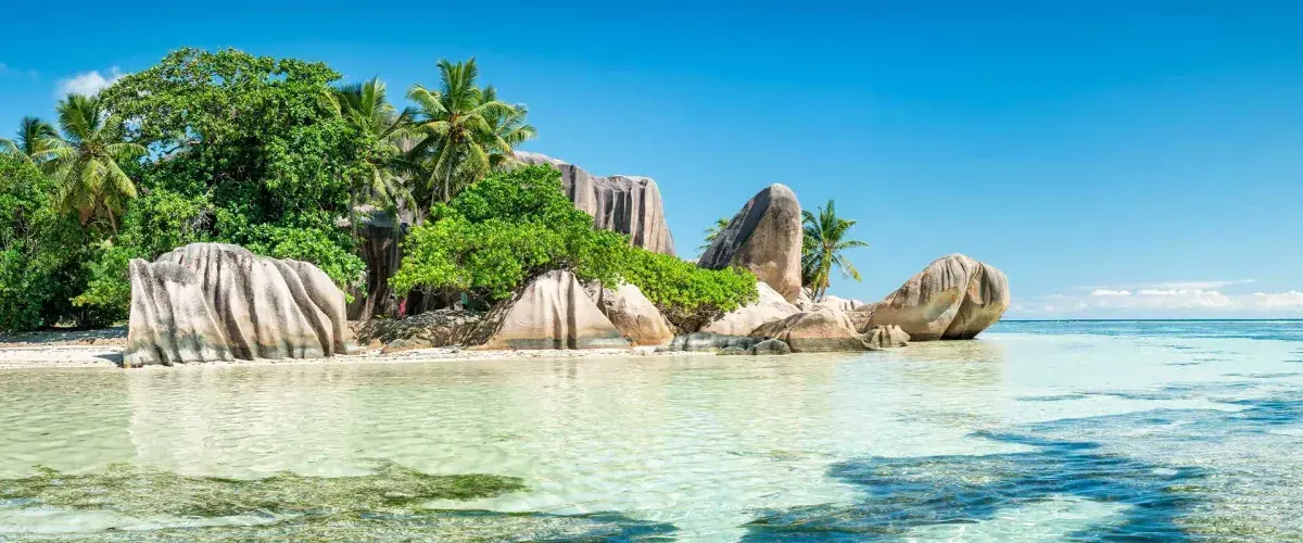 Smooth rock formations on a coastline of Mahé Island, Seychelles
