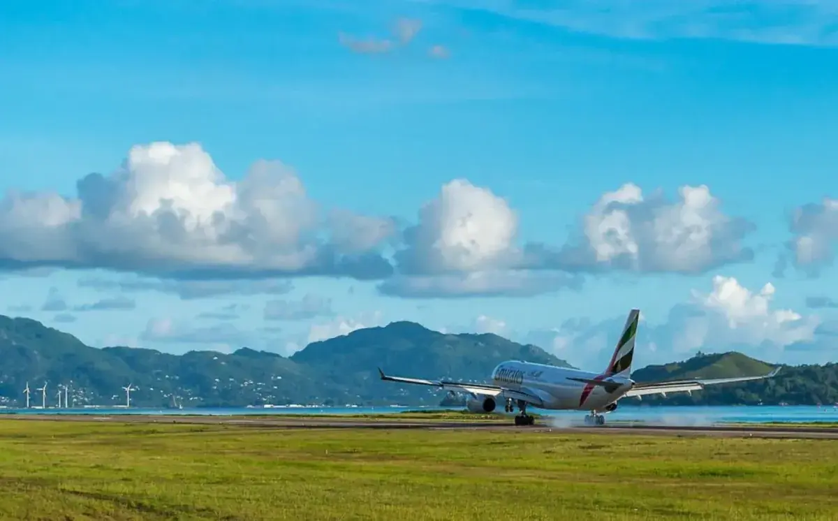A commercial plane takes off from Seychelles International Airport