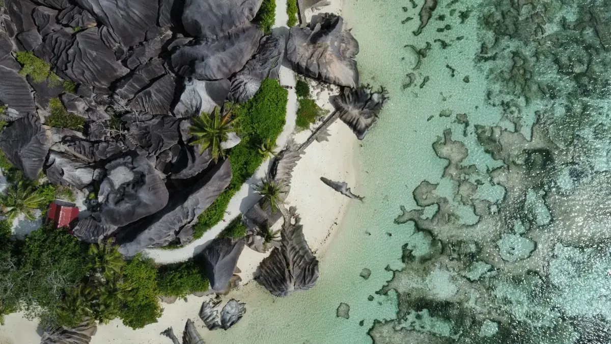 Aerial view of a beach on Anse Source d'Argent in Seychelles
