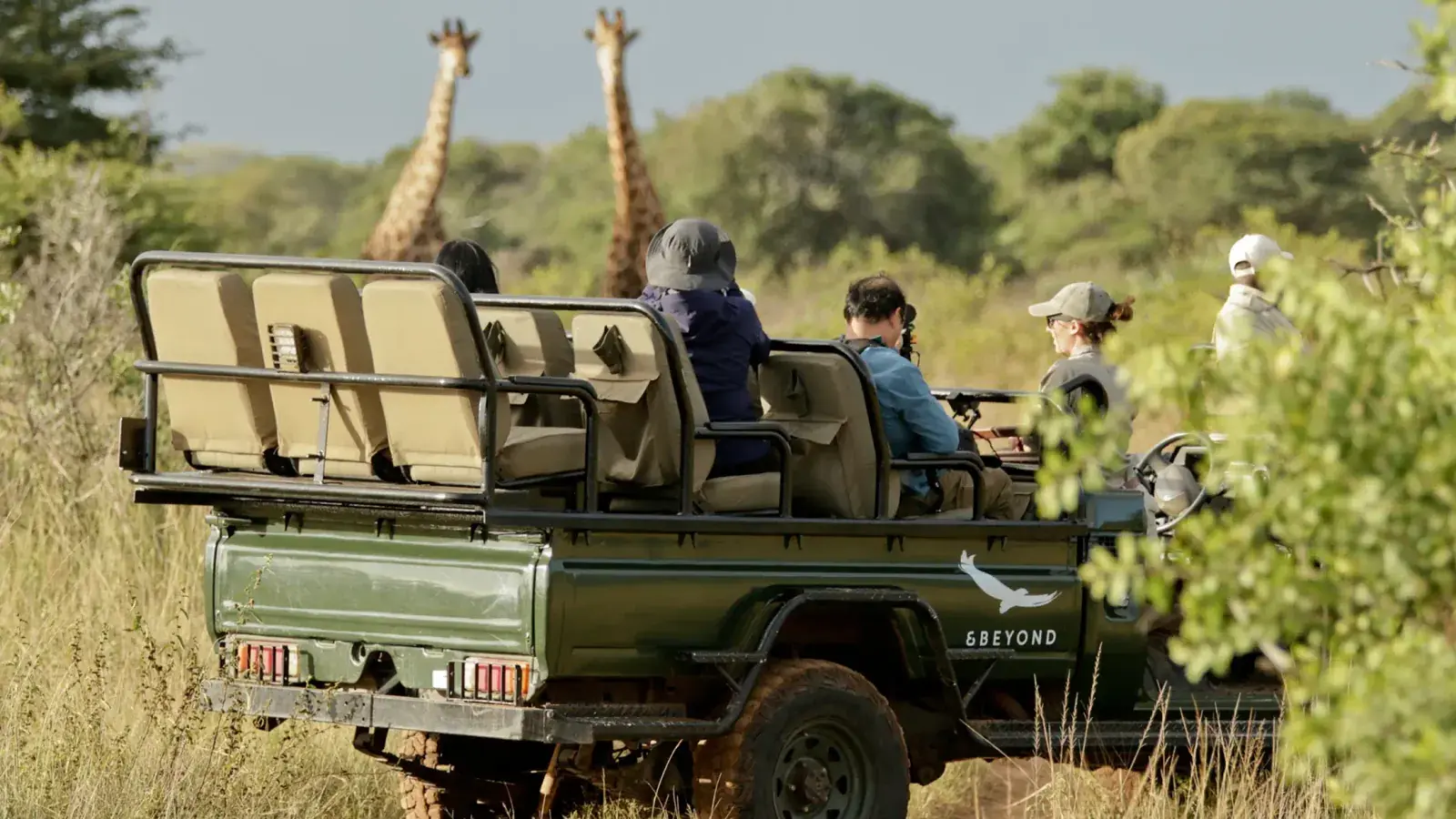 An &Beyond safari jeep next to giraffes