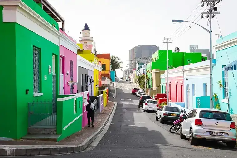 Colorful homes along a street in Bo Kaap, Cape Town