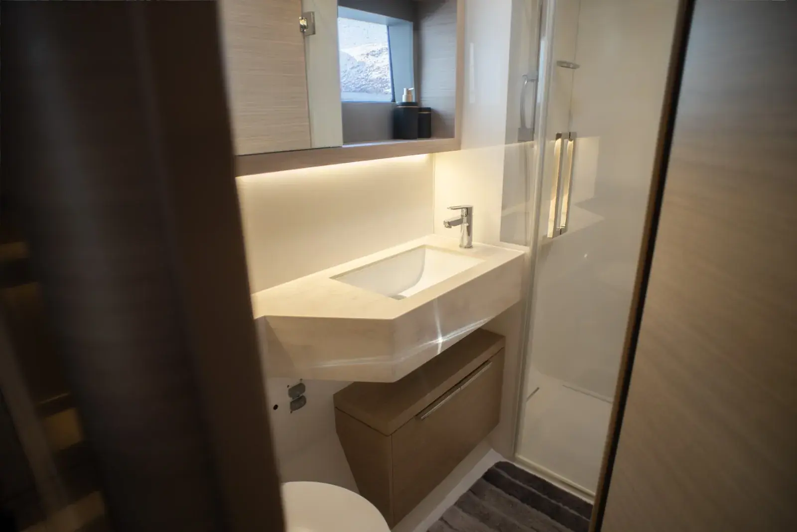 Private ensuite bathroom in a guest cabin aboard the Arctic Dream
