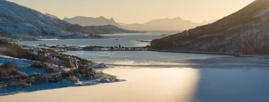 Sunset over Tjeldsund fjord in Arctic Norway