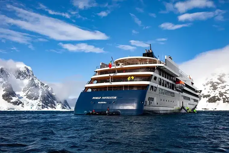 Aft view of the Atlas World Navigator cruise ship in Antarctica