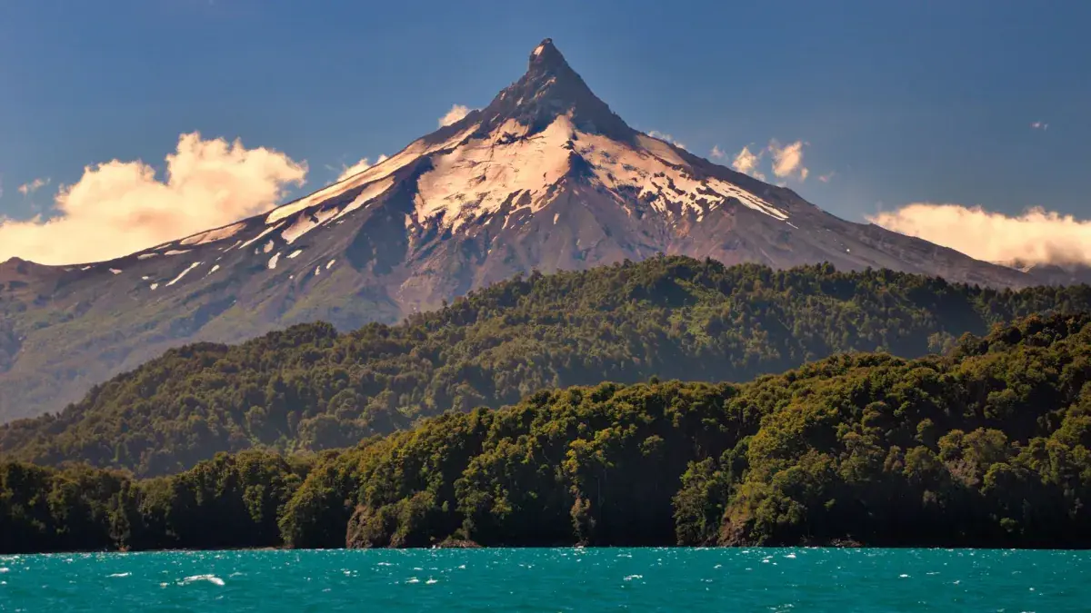 Chilean Lake District with volcano in the background