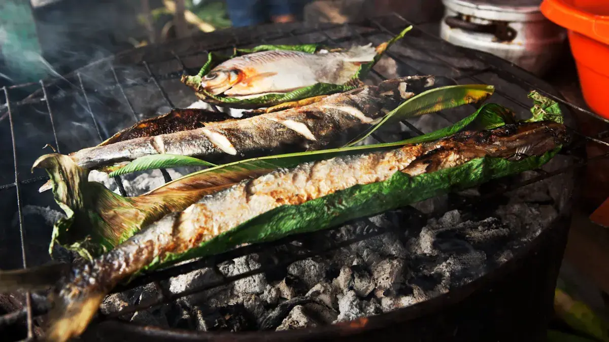 Grilled fish at the Nauta Market in Peru