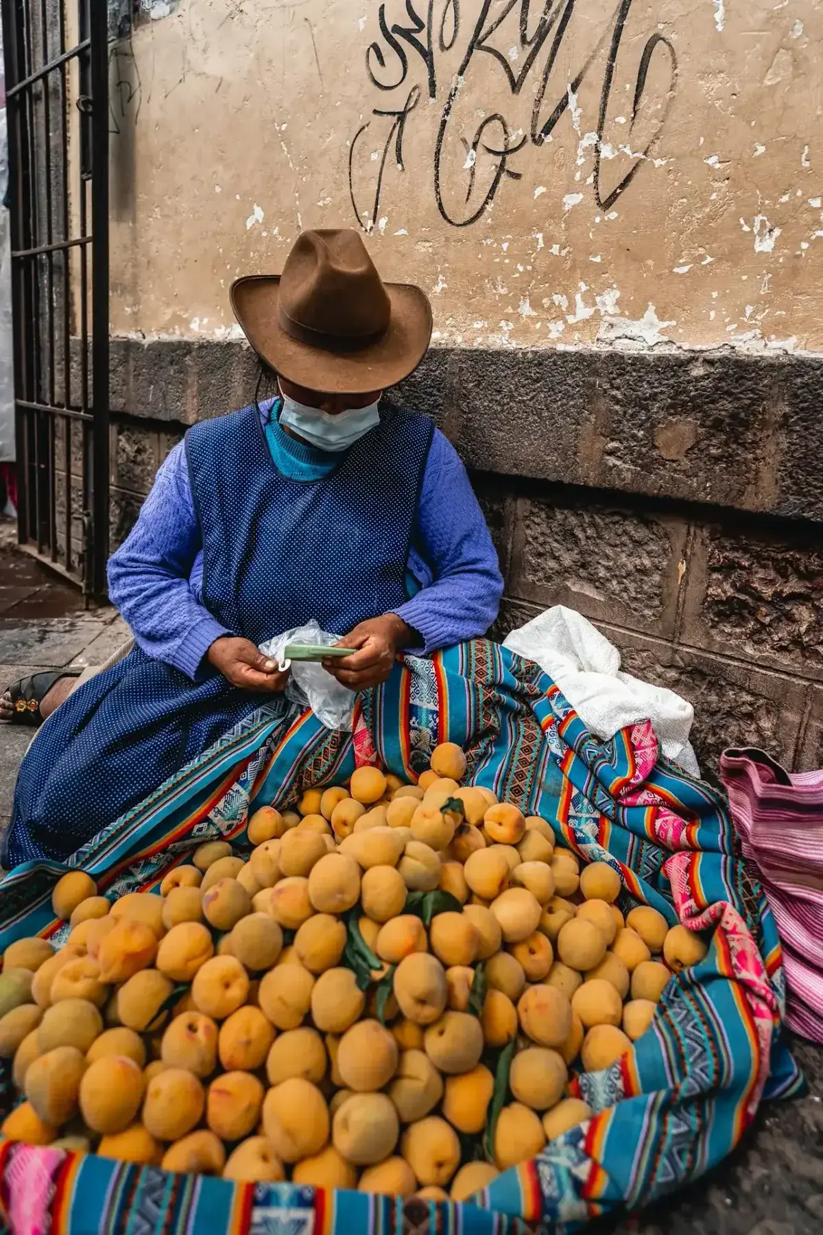 A Peruvian street vendor sells fruit a a market