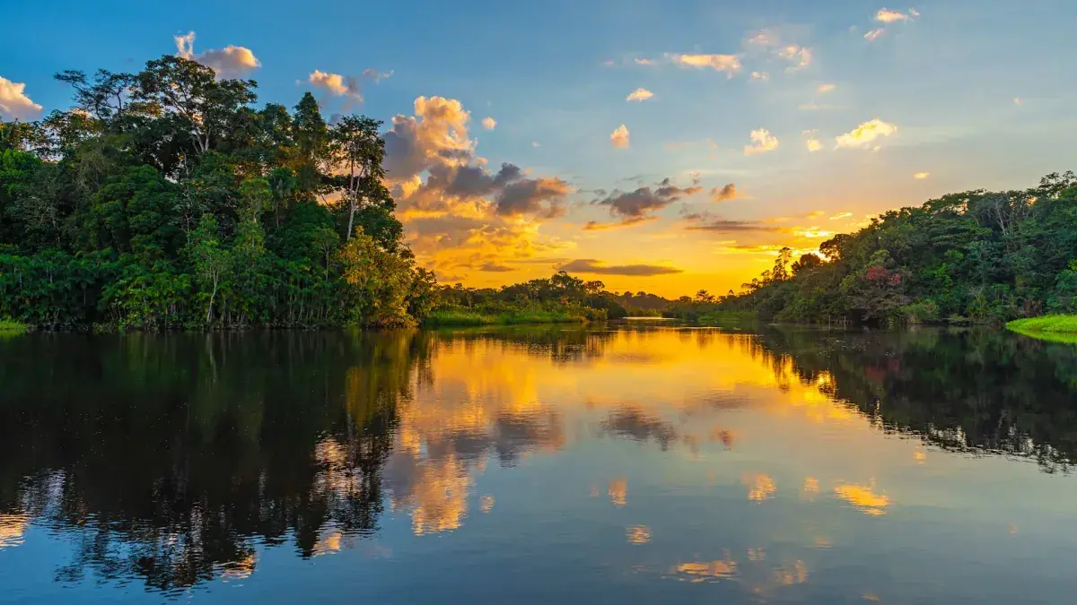 Amazon river reflections at sunset