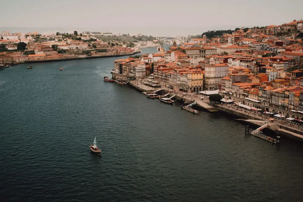 Aerial view of a river in Oporto, Portugal