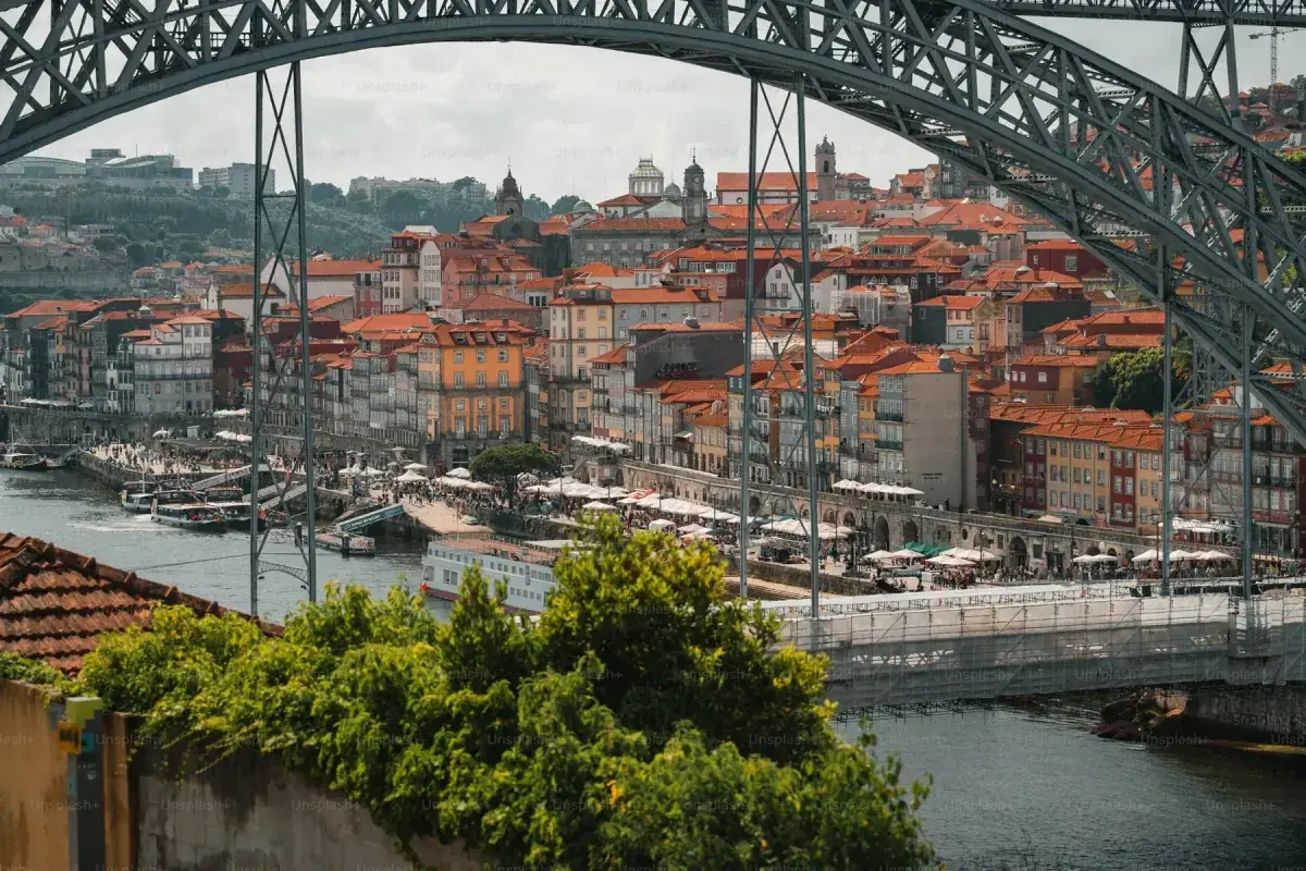 Aerial view of a bridge in Oporto, Portugal