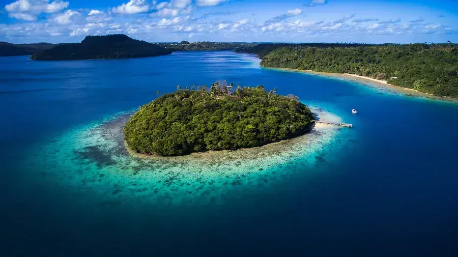 Aerial view of a small island in Tonga