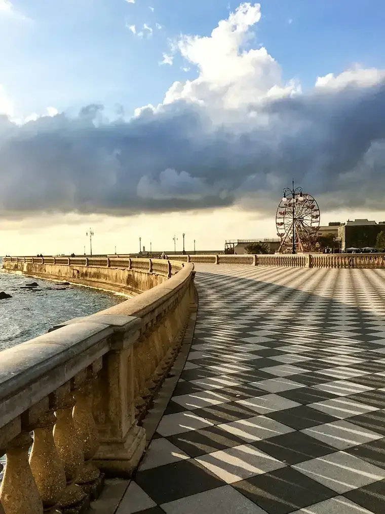 A checkerboard boardwalk in Livorno, Italy