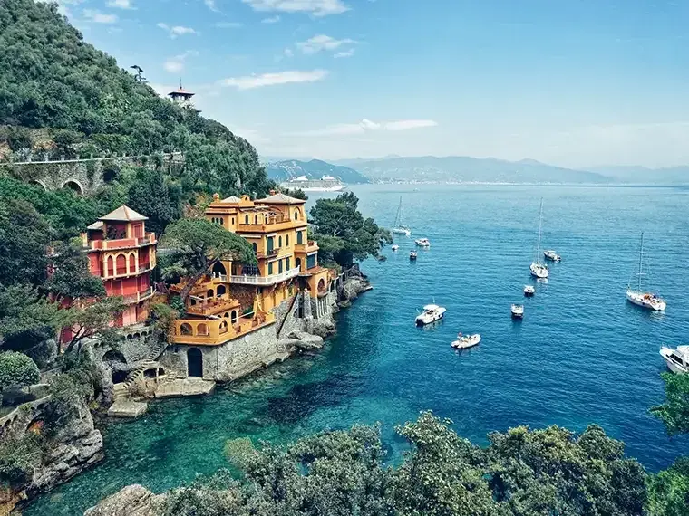 Pretty architecture and hills in Portofino, Italy