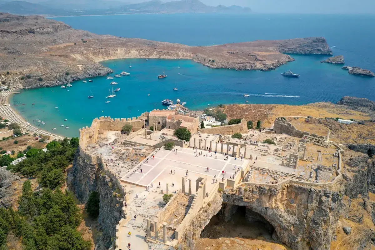 Aerial view of sailboats in a bay of Rhodes, Greece