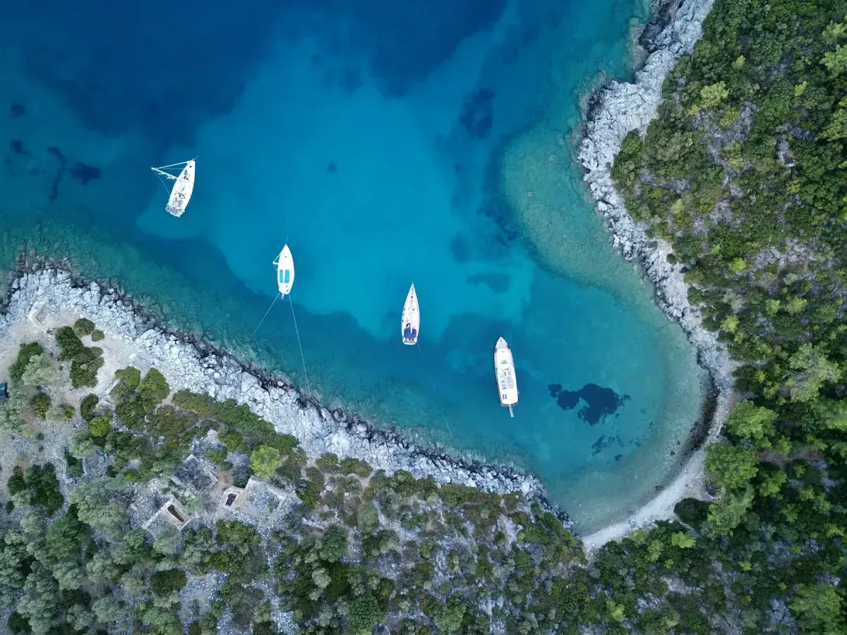 Aerial view of sailboats in a bay of Bodrum, Turkey