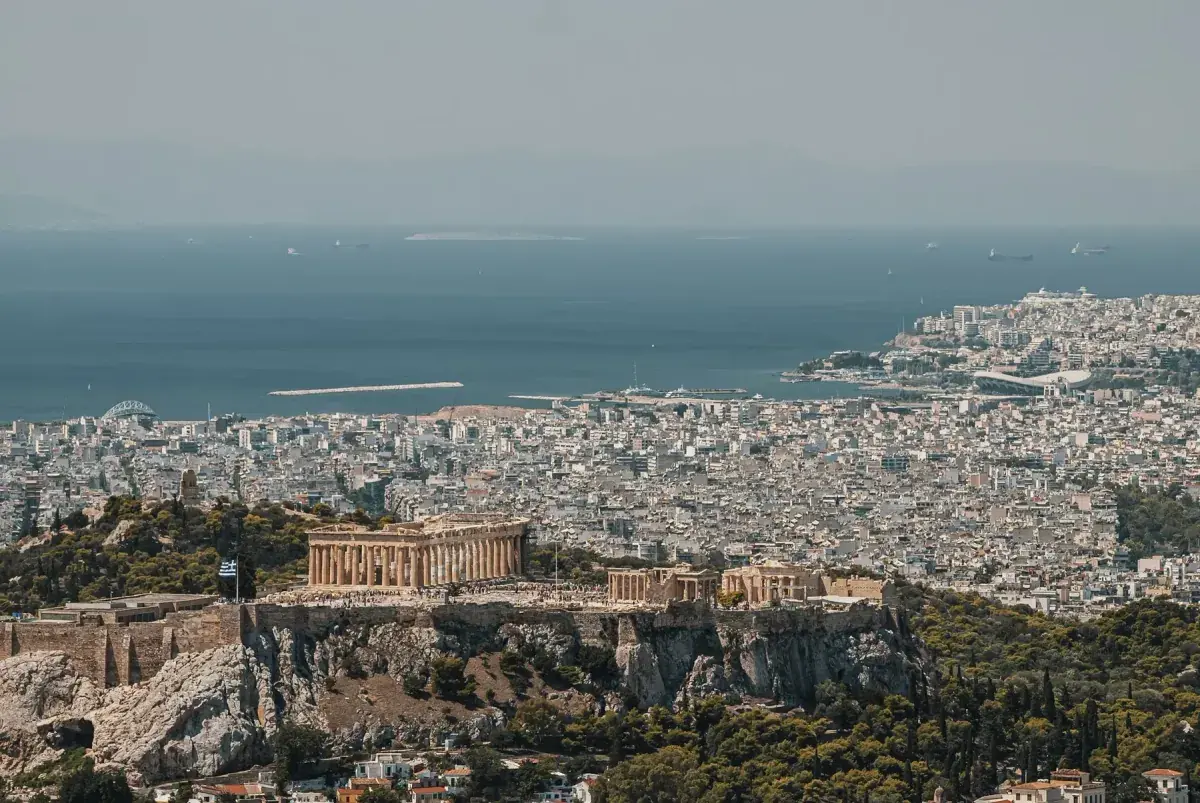 Aerial view of the city and coast of Athens, Greece