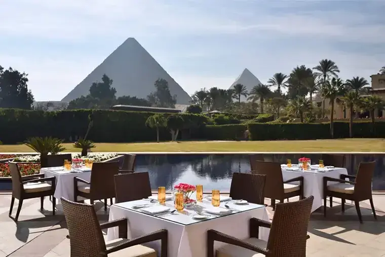 Patio view of the Giza Pyramids from the Marriott Mena House