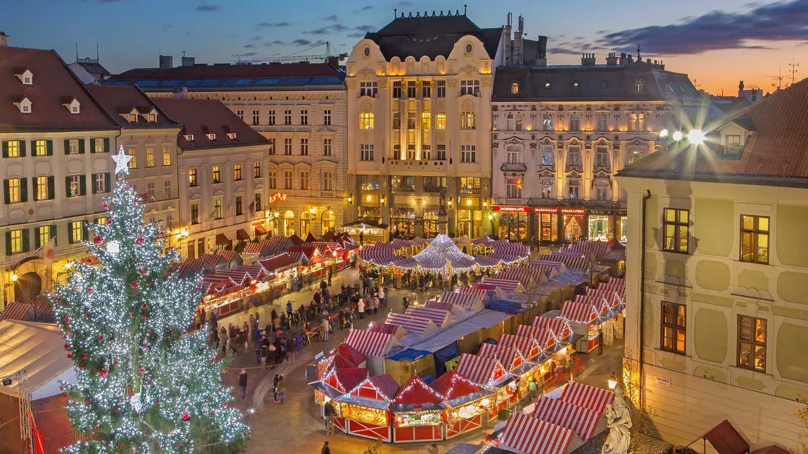 Aerial view of booths at a European Christmas Market