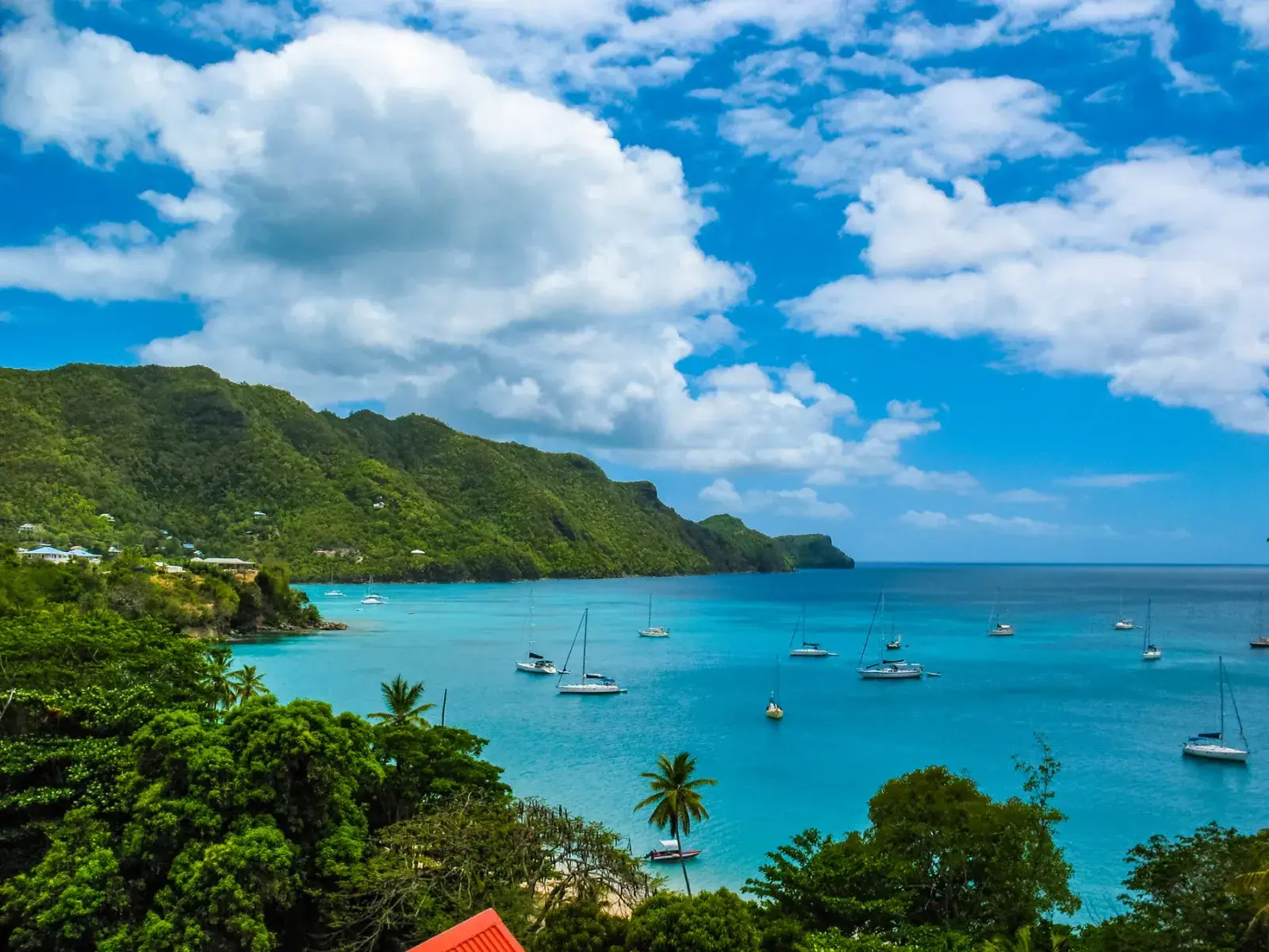 Bequia in Saint Vincent and the Grenadines, with sailboats anchored offshore