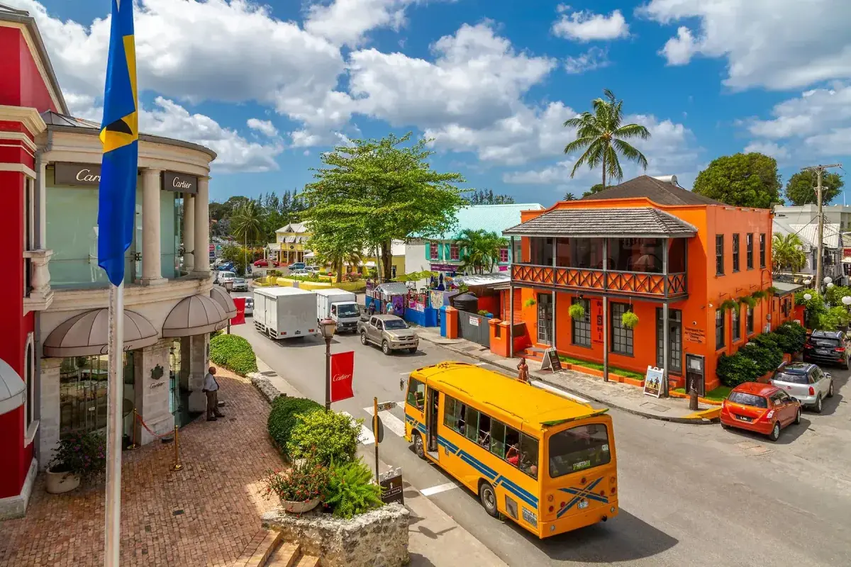 Cars and busses on Bajan culture street