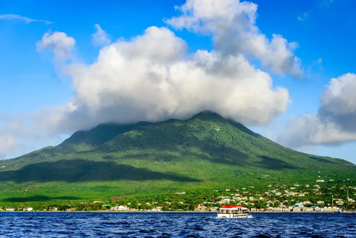 Nevis Peak volcano in a cloud