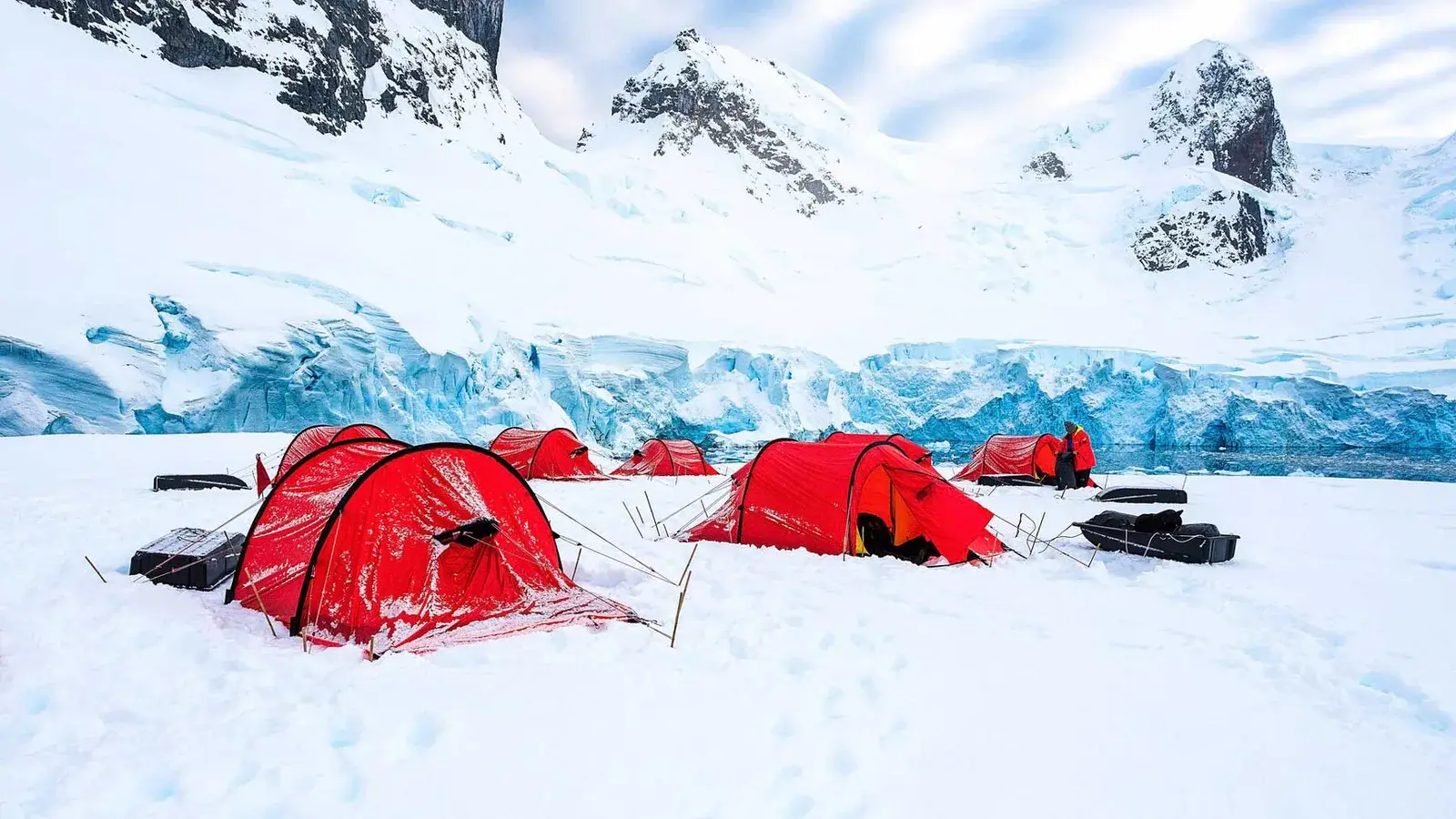 Red tents lined up on the snowy shores of Antarctica