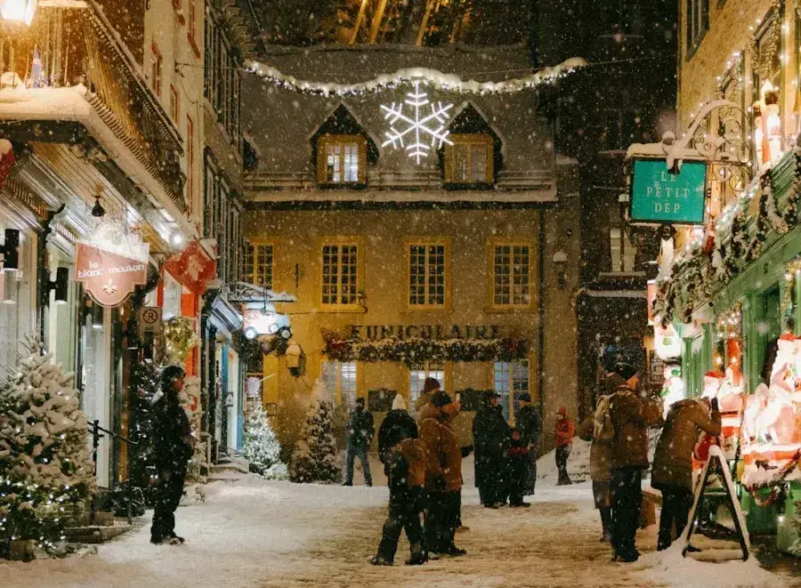Old Quebec City as snow falls on the street