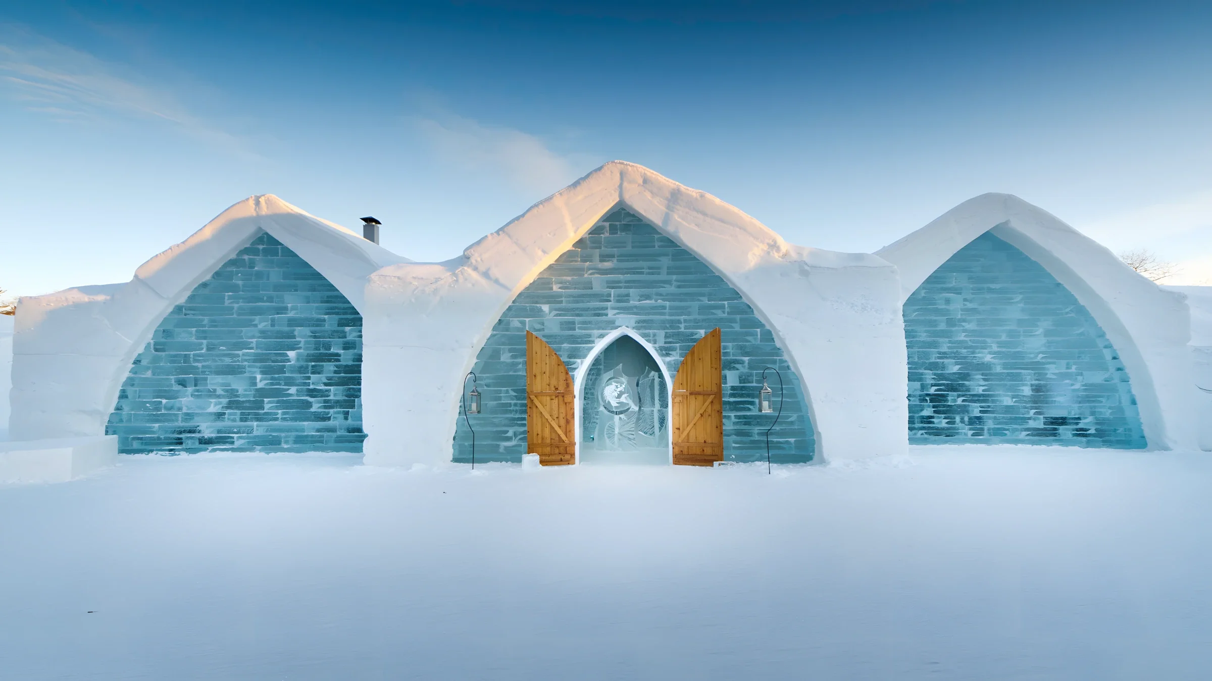 The snow-arched, glowing-blue ice-brick façade of the Hôtel de Glace near Québec City at dusk
