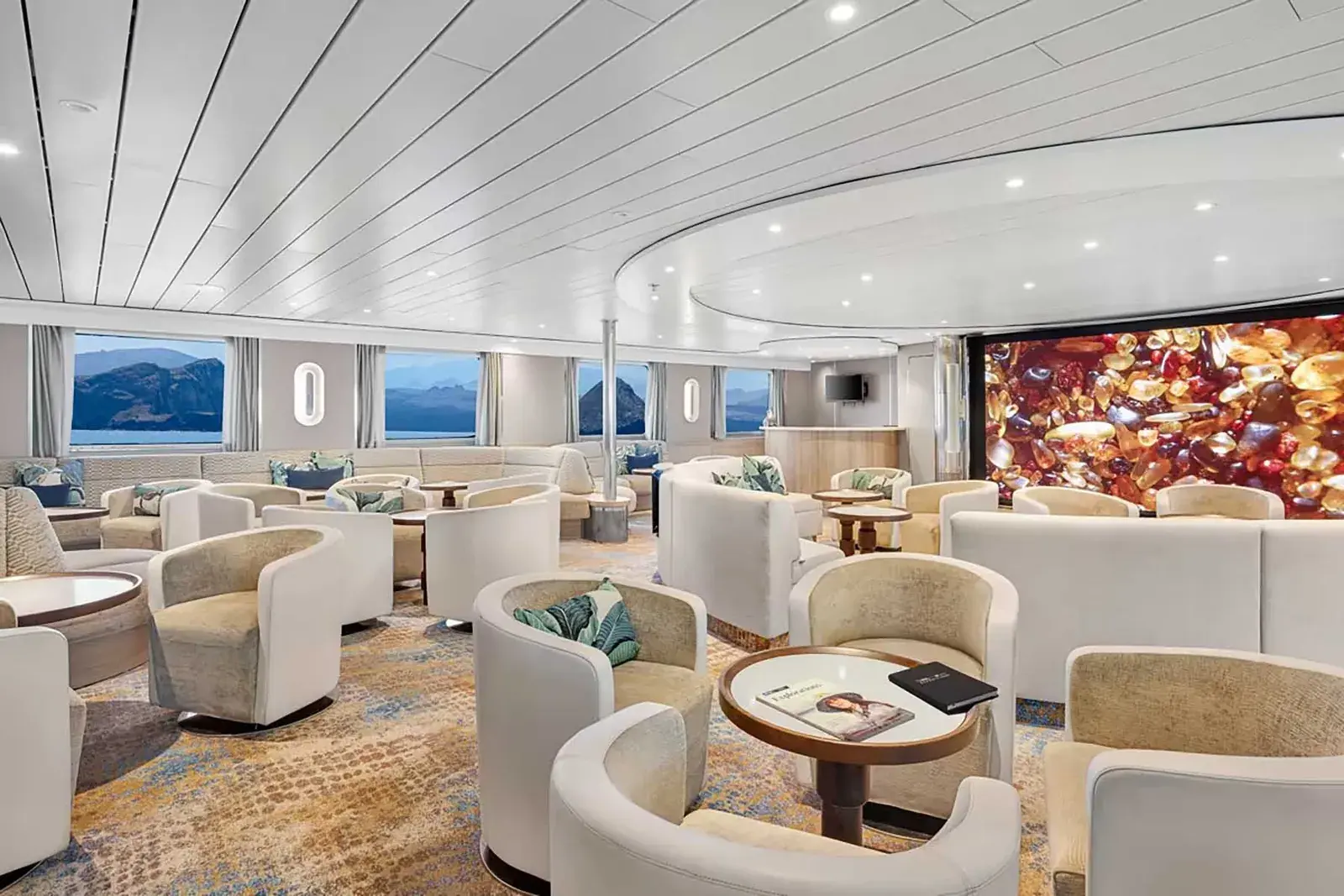 Interior lounge on the National Geographic Gemini cruise ship in the Galápagos Islands