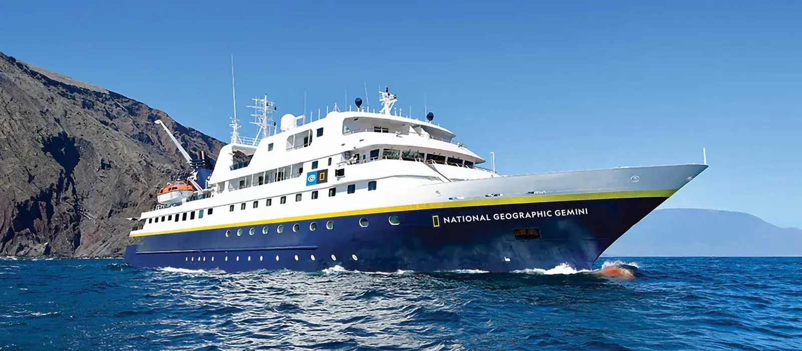 The National Geographic Gemini cruise ship anchored in the Galápagos Islands