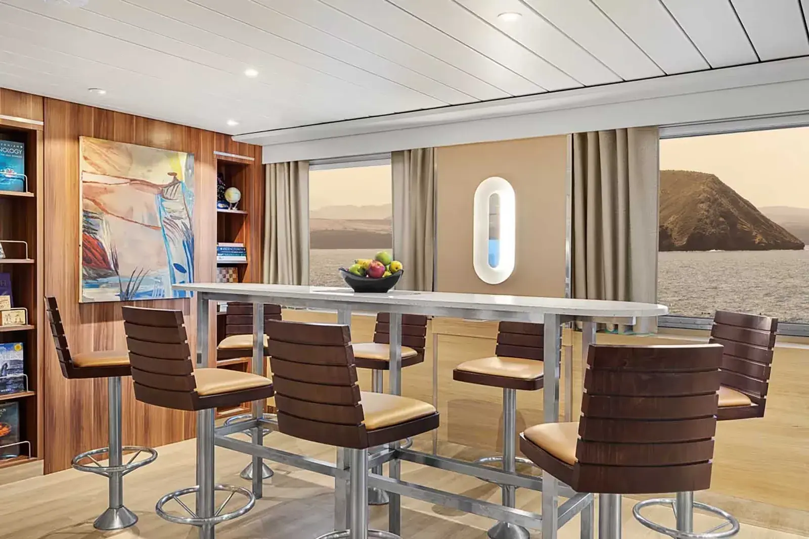 Lounge view on the National Geographic Gemini cruise ship in the Galápagos Islands