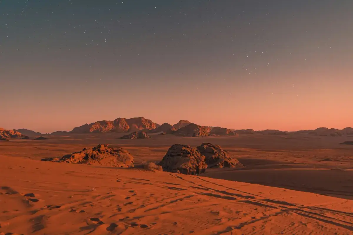 Twilight view of the red landscape of Wadi Rum, Jordan