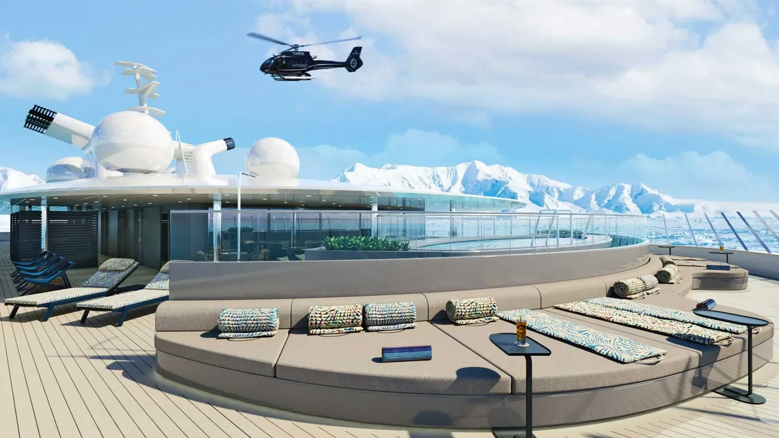 Scenic Eclipse pool deck with helicopter landing pad in the background