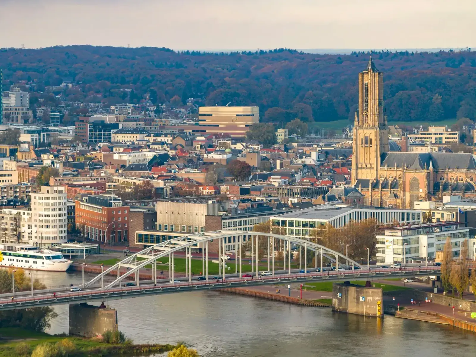 Aerial view of a bridge and buildings in Europe